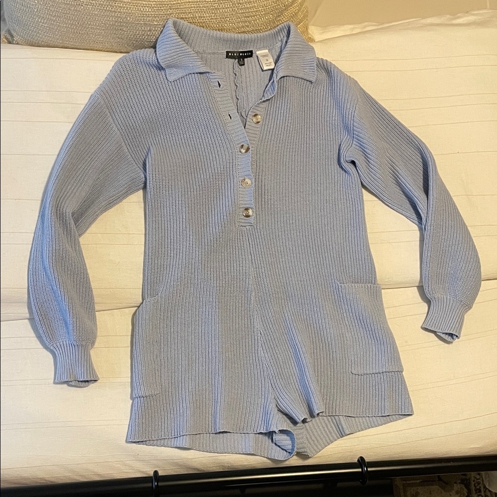 Blue Blush Sky Blue Ribbed Knit Romper